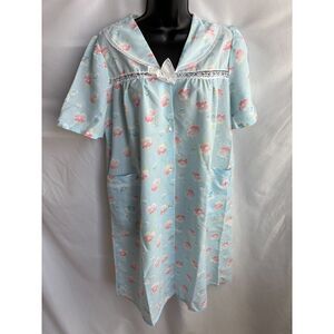 Vintage Muumuu Floral Lace Trim Chemise Nightgown Blue Pink Retro Size L House